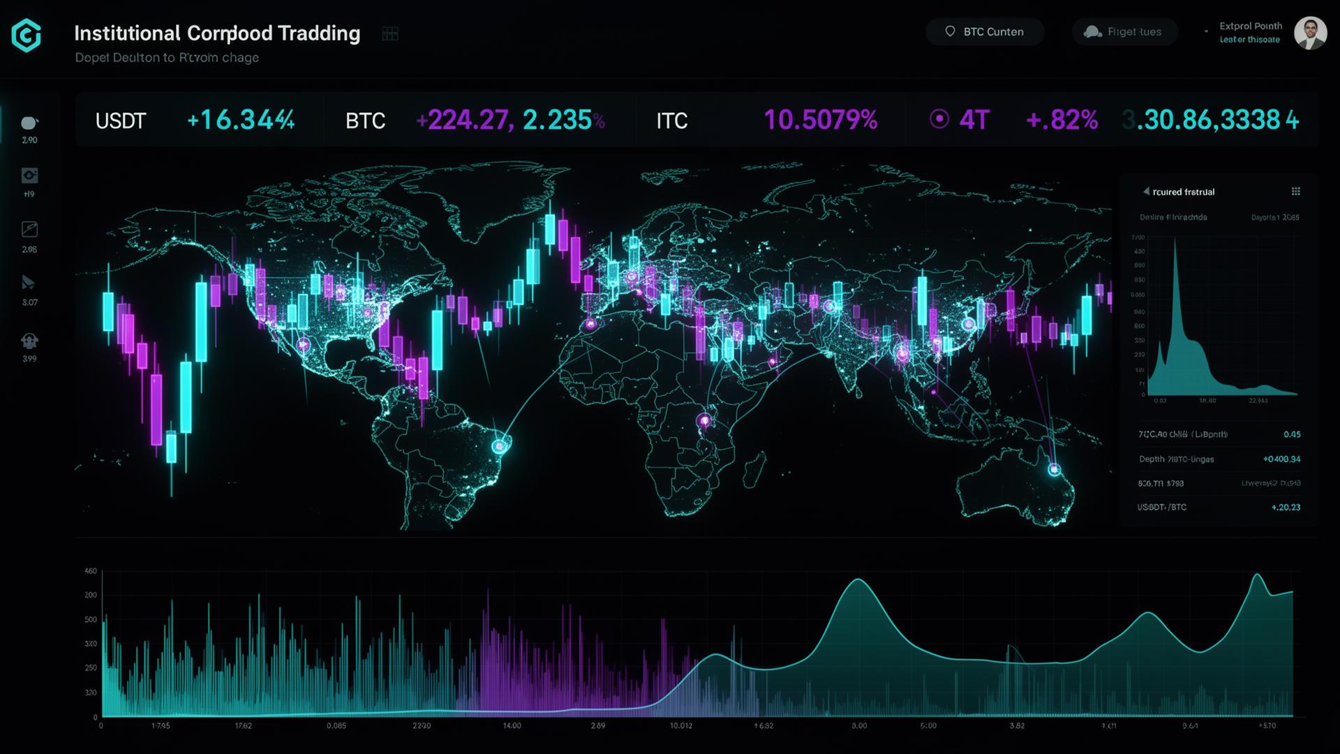 Dashboard institucional LA Crypto Global mostrando mapa global de liquidez e gráficos em tempo real